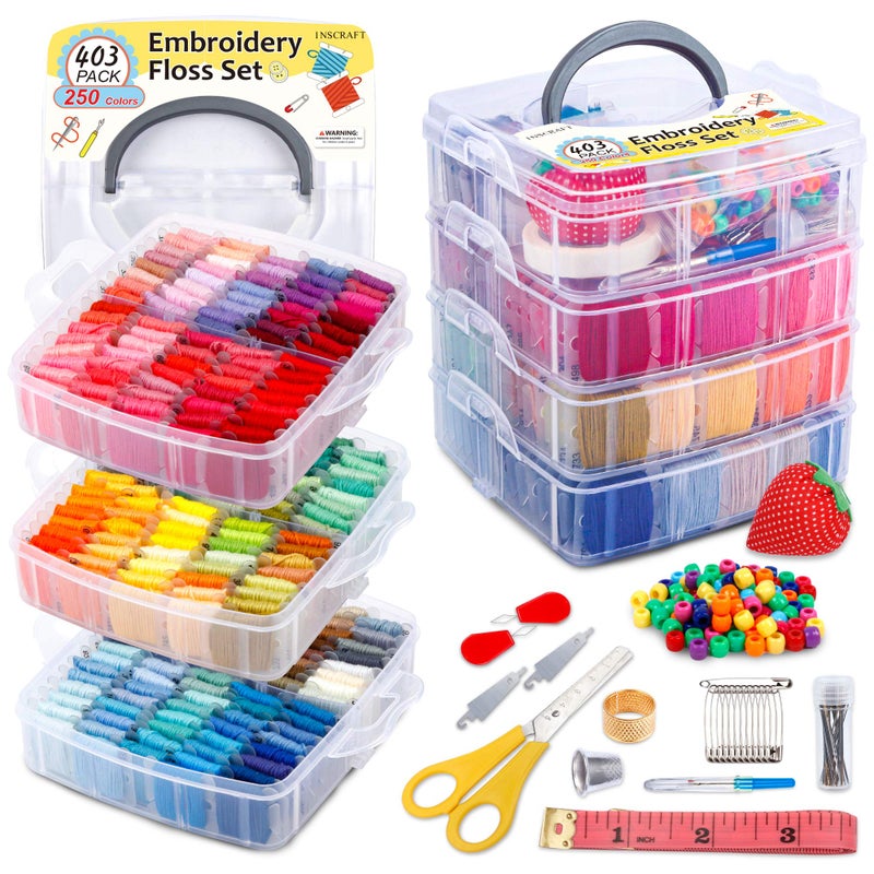 Inscraft 403 Pack Embroidery Floss Set, 250 Colors Cross Stitch Friendship Bracelet Thread with 153 Pcs Cross Stitch Tool, 4-Tier Transparent Box for Storage - Image 1